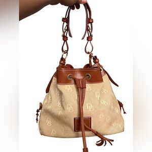 Dooney & Bourke Beige and Brown Drawstring Bucket Shoulder Bag